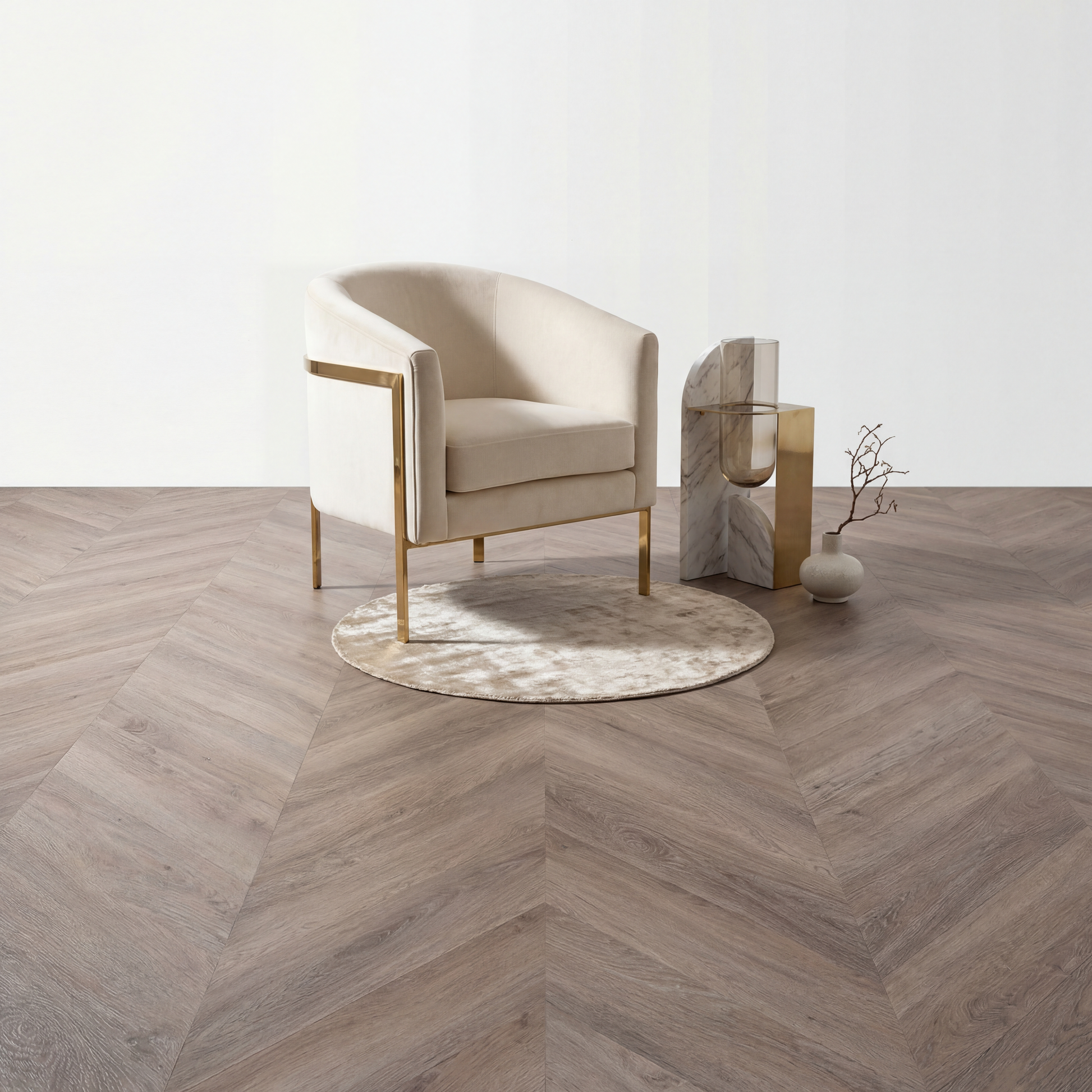 yarenza Lux Tenebrae Chevron Smoky Oak Plak PVC - Texture and Room View