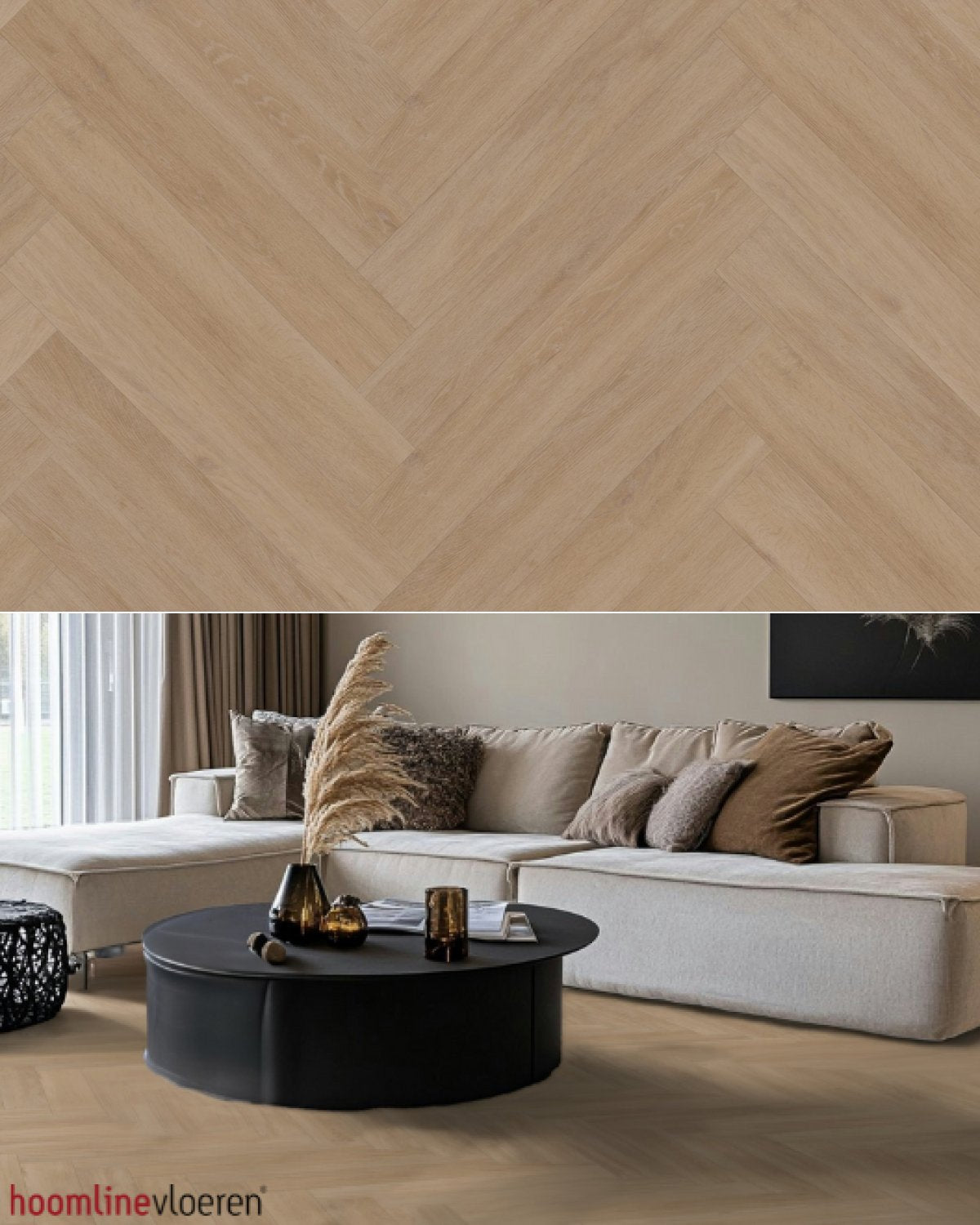 Hoomline Fusion Superior V4 Gotham Oak Flax 1075129 Visgraat (Click) - Texture and Room View