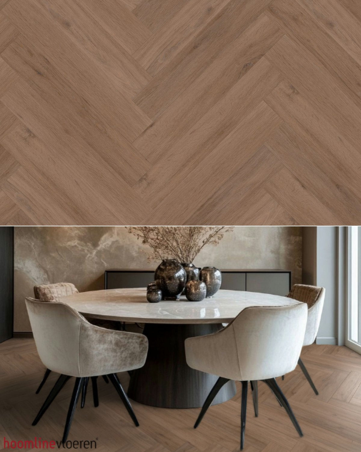 Hoomline Fusion Superior V4 Gotham Oak Honey Visgraat (Dryback) - Texture and Room View