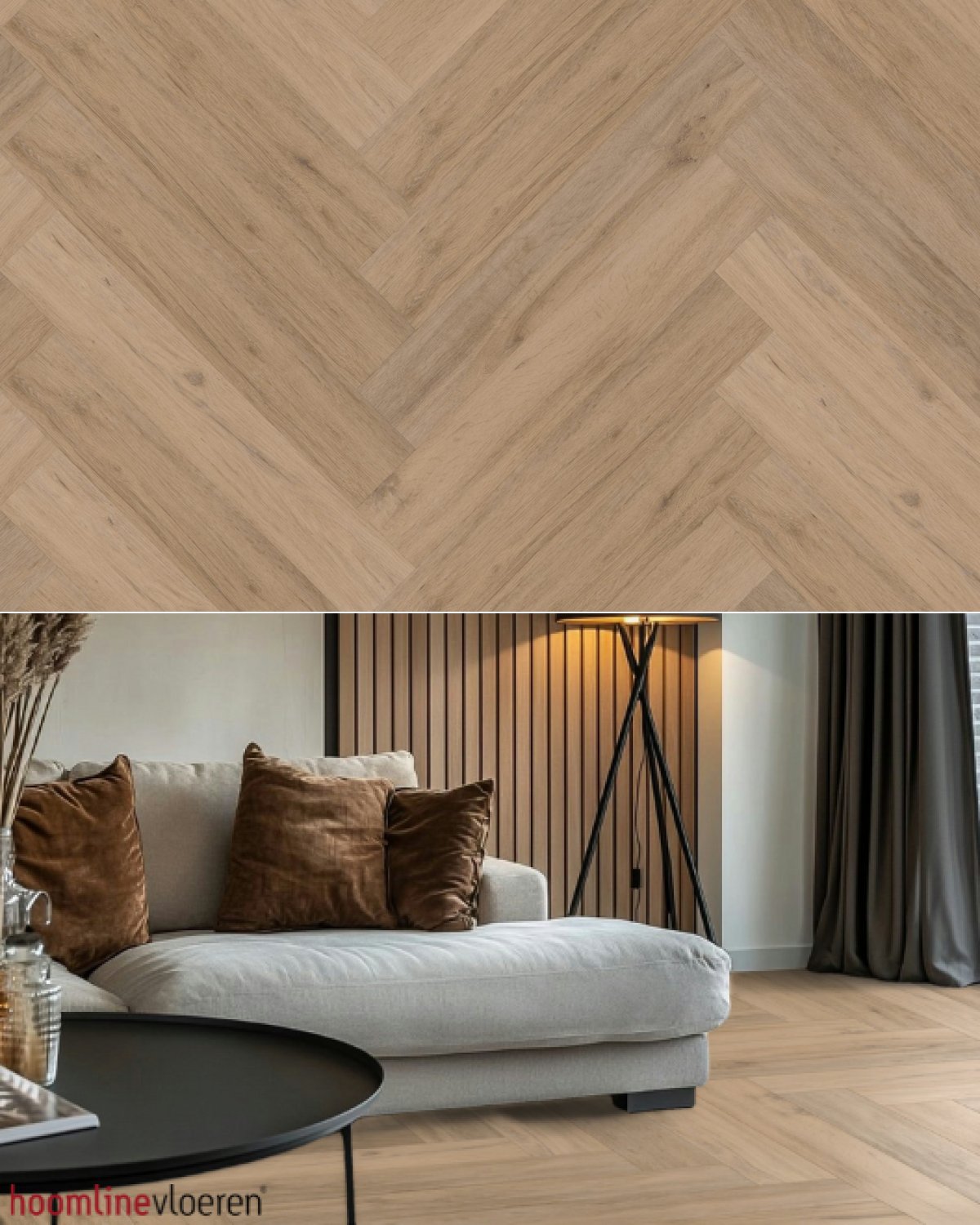 Hoomline Fusion Superior V4 Gotham Oak Natural 107526 Visgraat (Click) - Texture and Room View